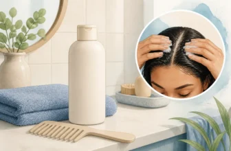 Plain shampoo bottle, towel and comb with an inset showing gentle scalp shampoo application.