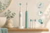 Electric toothbrushes beside replacement heads and a charging base, with timer and cost symbols.