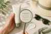 Unbranded sunscreen tube beside a magnifying glass, cream swatch, sun hat, and sunglasses.