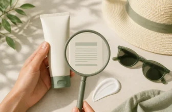 Unbranded sunscreen tube beside a magnifying glass, cream swatch, sun hat, and sunglasses.