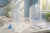 Nasal-rinse bottle, saline packets and distilled water beside separated bottle parts drying on a clean towel.