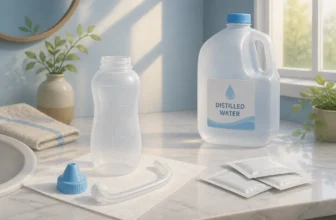 Nasal-rinse bottle, saline packets and distilled water beside separated bottle parts drying on a clean towel.