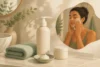 Unbranded cleanser and moisturizer beside a sink, with an adult gently washing their face.