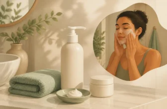Unbranded cleanser and moisturizer beside a sink, with an adult gently washing their face.