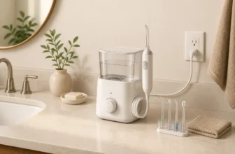 Countertop water flosser beside a bathroom sink, with a removable reservoir, pressure dial and replacement tips.